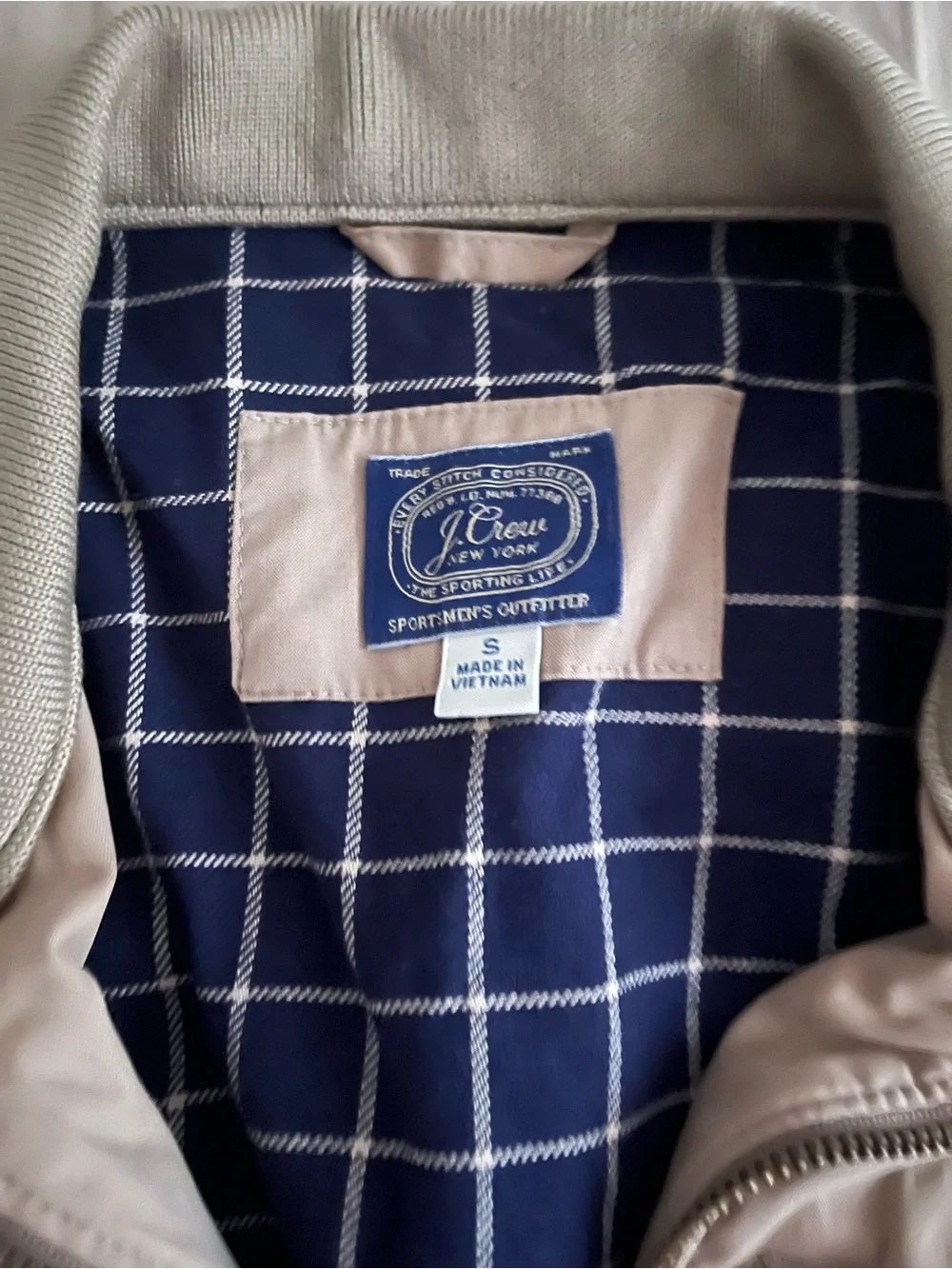 J. Crew Light Beige Bomber Jacket with Plaid Lining